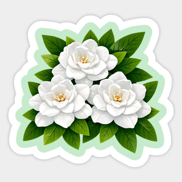 White Gardenia Flowers with Green Leaves Sticker by DonWillisJrArt